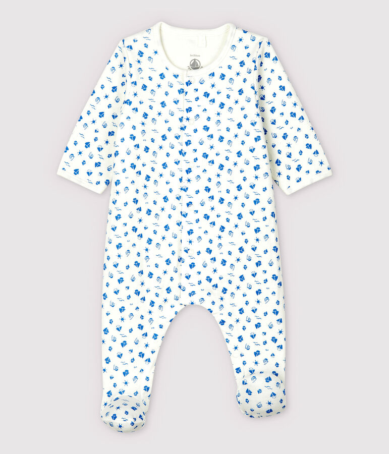 Romper met bootprint voor baby's van biologisch katoen wit/blauw