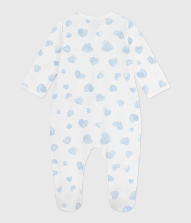 Babypyjama van geruwde fleece met kraag en hartjesprint wit/blauw