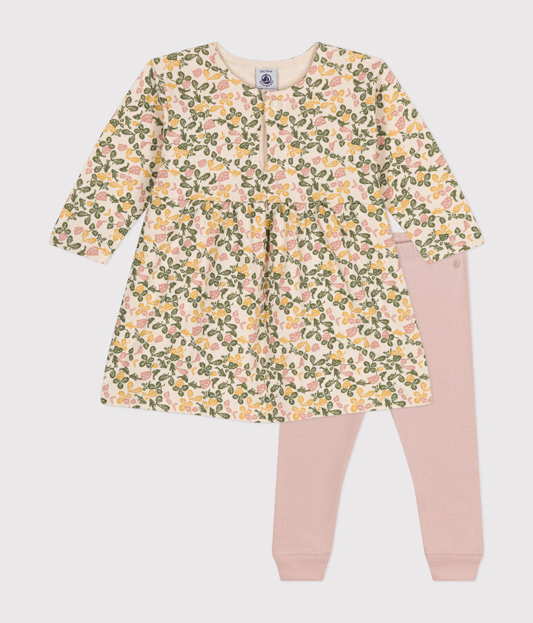 Robe manches longues en tubique et legging en coton b&eacute;b&eacute; &eacute;cru/multicouleur