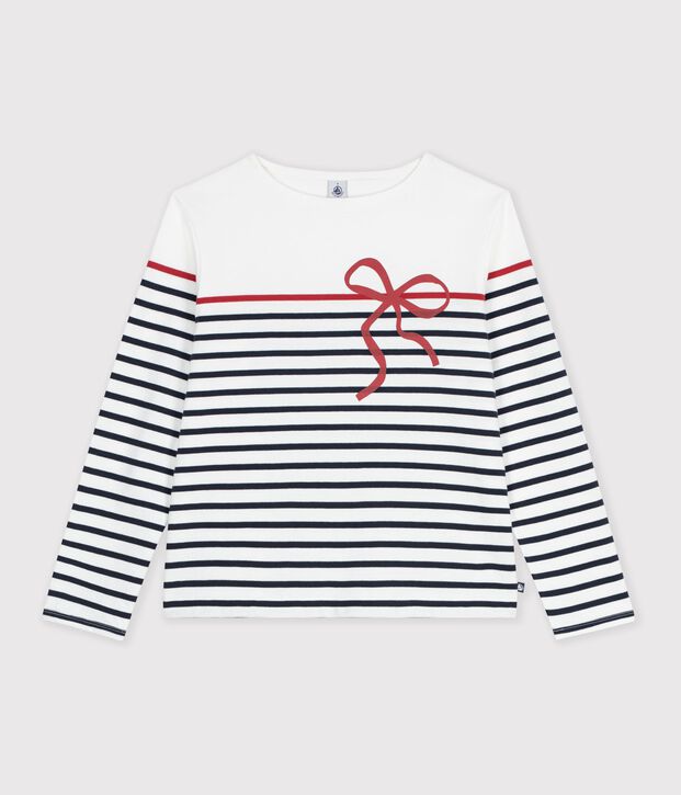 Tee-shirt marini&egrave;re femme en coton blanc/multicouleur