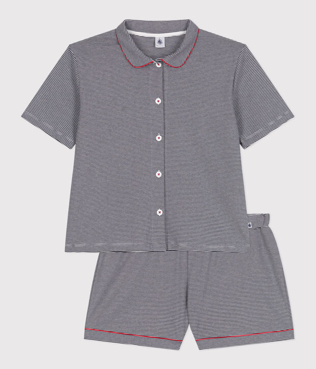 Gestreepte katoenen pyjama met knopen voor dames blauw/wit