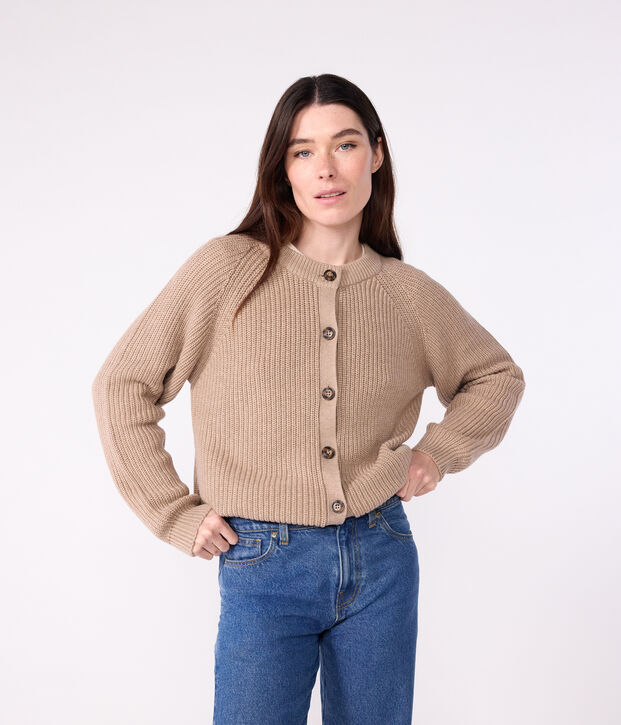 Effen cardigan van wol en katoen bruin