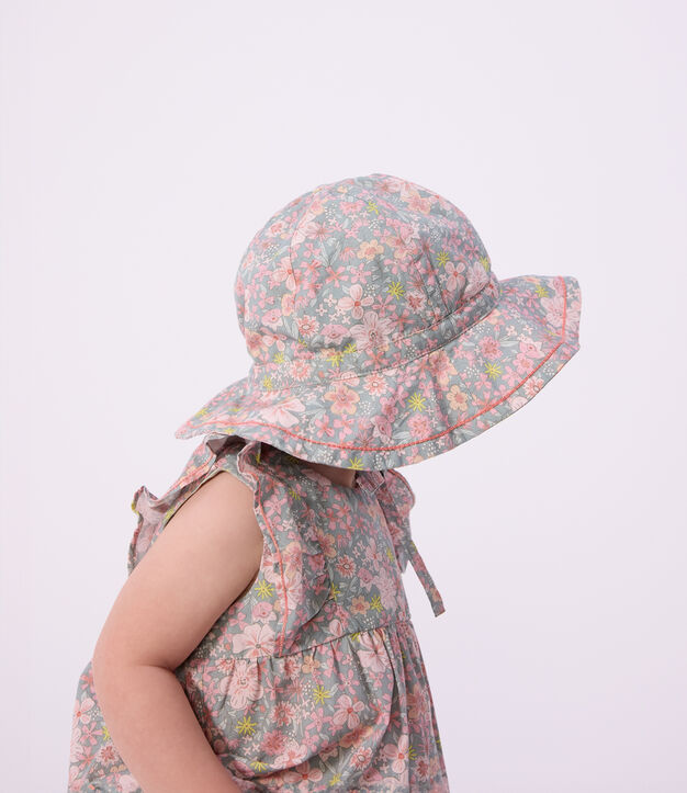 Capeline b&eacute;b&eacute; fille en popeline imprim&eacute; fleurs bleu/multicouleur