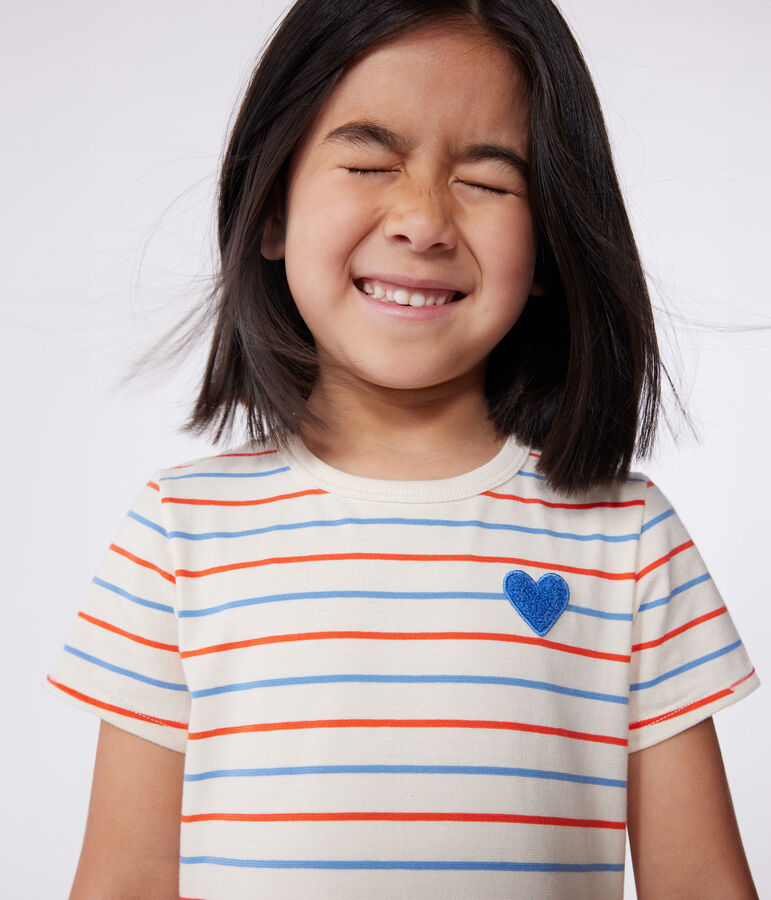 Katoenen kinderjurk met korte mouw, streepjes en hartje ecru/multicouleur