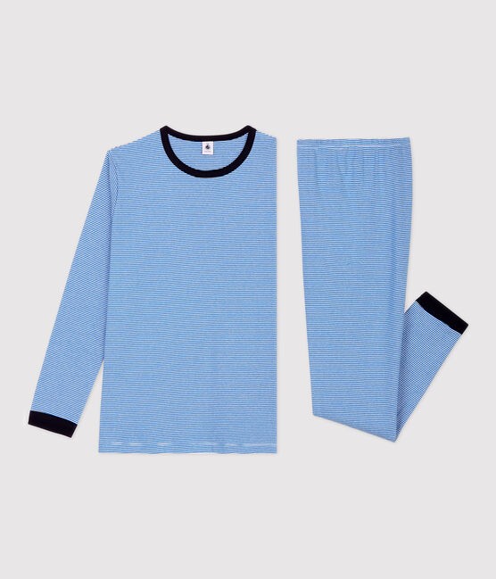 Pyjama à rayures milleraies garçon en coton bleu RUISSEAU/blanc MARSHMALLOW