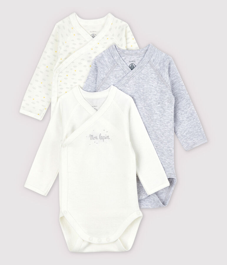 Lot de 3 bodies crois&eacute;s manches longues b&eacute;b&eacute; en coton biologique multicouleur