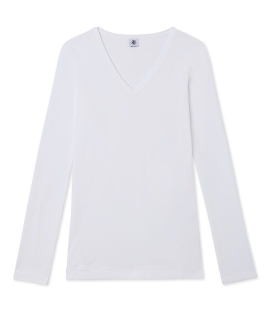 Dames-T-shirt met lange mouwen en V-hals wit ECUME