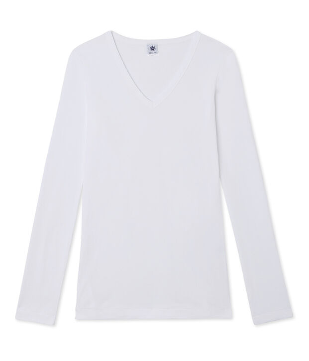 T-shirt femme manches longues col V blanc