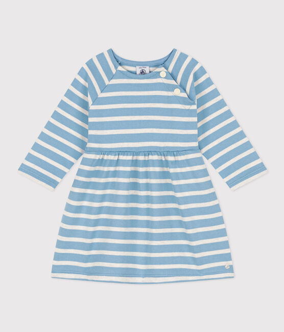Gestreepte jurk in dik jersey met lange mouwen voor baby's AZUL/ MONTELIMAR