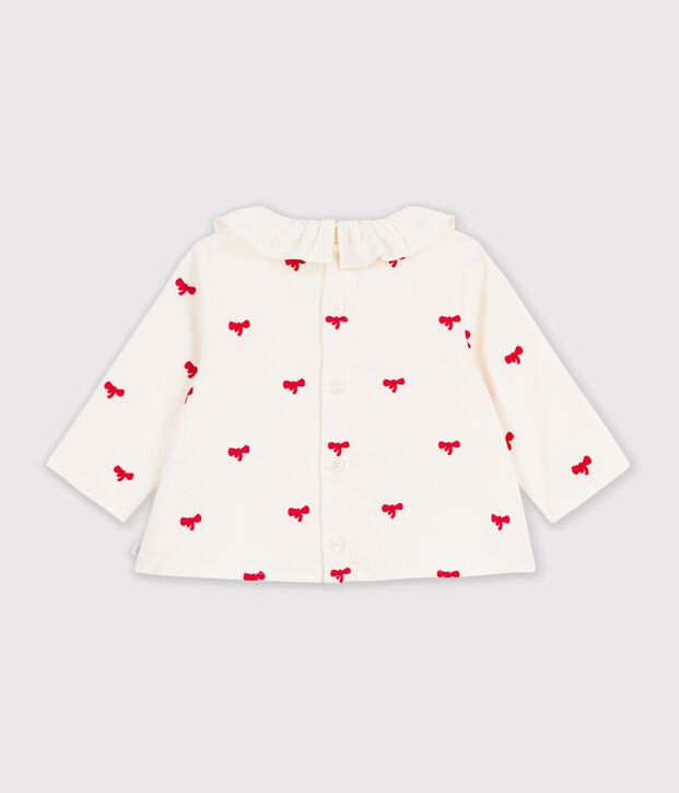 Blouse b&eacute;b&eacute; en velours brod&eacute; motif n&oelig;uds &eacute;cru/rouge