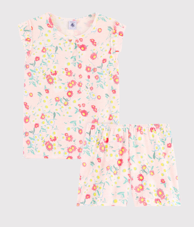 Korte gebloemde meisjespyjama van ribtricot wit/multicouleur