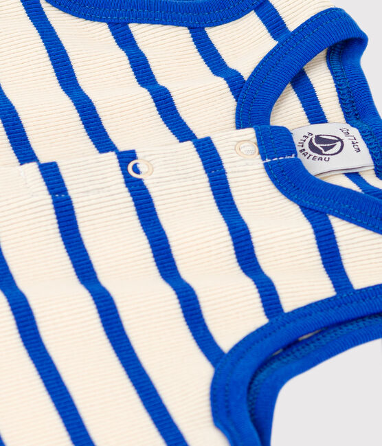 Combinaison courte bébé en maille côtelée rayée bleu AVALANCHE/blanc PERSE