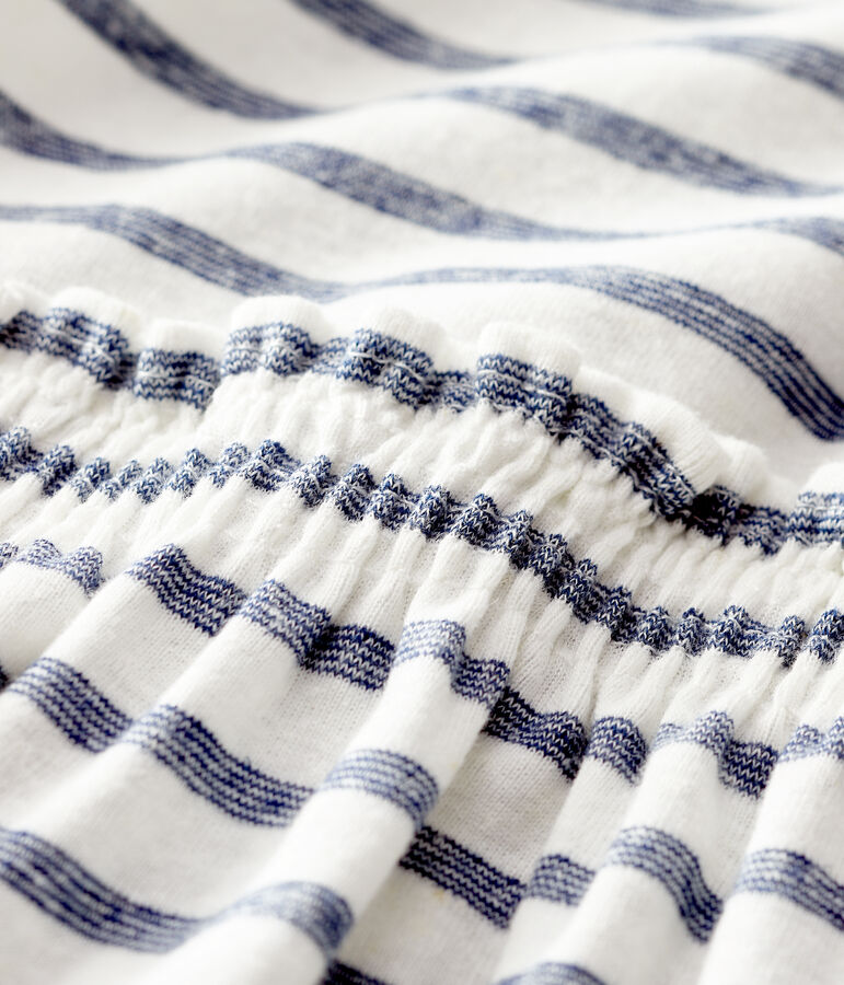 Robe manches courtes en coton/lin ray&eacute; b&eacute;b&eacute; fille blanc/bleu