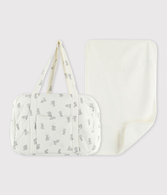 Lot sac et tapis à langer lapin bébé en tubique en coton biologique blanc MARSHMALLOW/gris GRIS