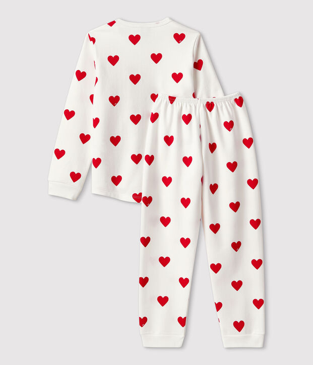 Kinderpyjama van molton met hartjesprint wit/rood