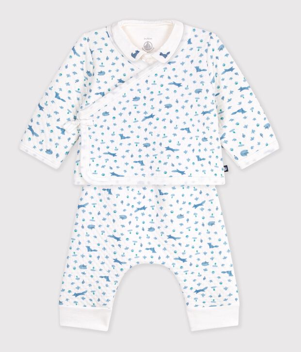 Katoenen babysetje met kraagje met vosprint wit/multicouleur