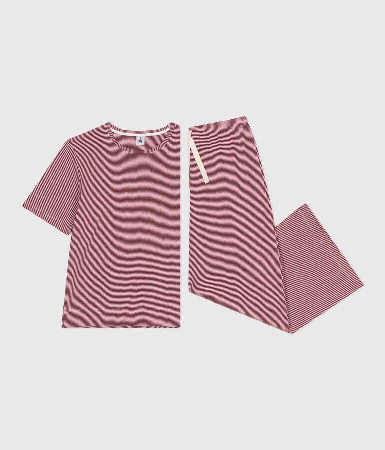 Pyjama femme en coton manches courtes jambes larges &agrave; rayures rouge/blanc