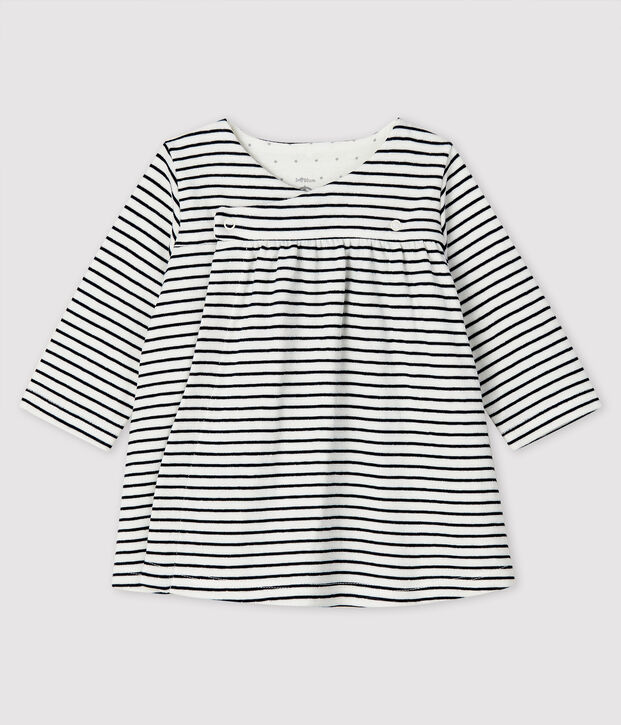 Robe &agrave; rayures manches longues b&eacute;b&eacute; fille en tubique blanc/bleu