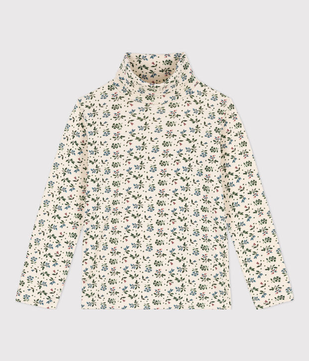 Sous-pull imprim&eacute; fleuri en coton enfant fille &eacute;cru/vert/multicouleur