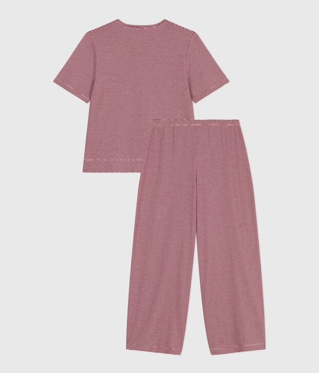 Katoenen gestreepte damespyjama met korte mouwen en wijde pijpen rood/wit