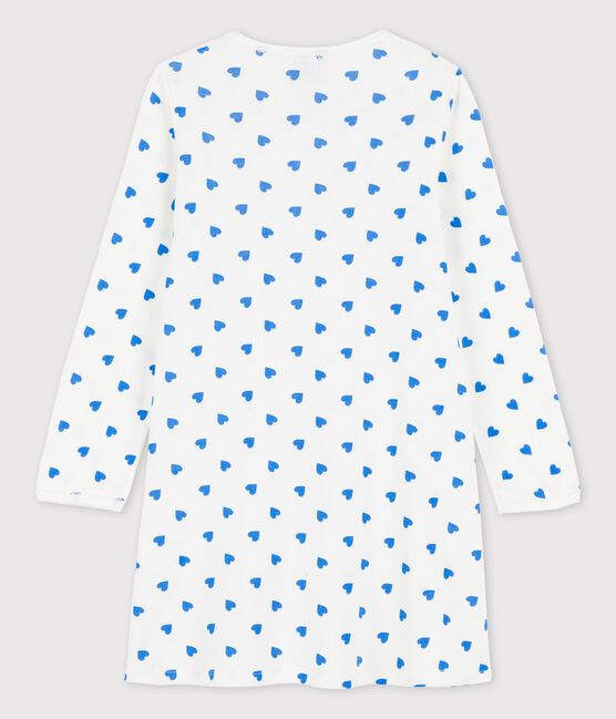 Nachthemd met lange mouwen en blauwe hartjes voor meisjes in katoen wit MARSHMALLOW/blauw BRASIER