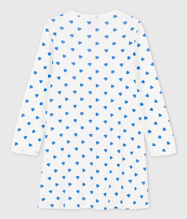 Nachthemd met lange mouwen en blauwe hartjes voor meisjes in katoen wit/blauw