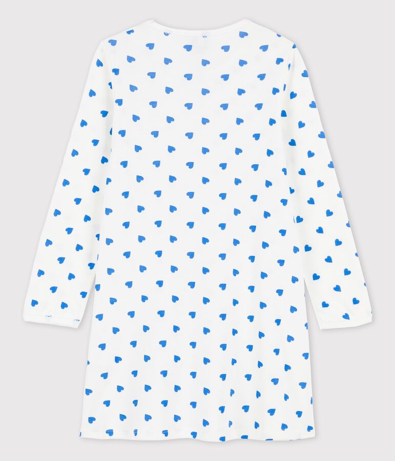 Chemise de nuit manches longues c&oelig;urs bleus petite fille en coton blanc/bleu