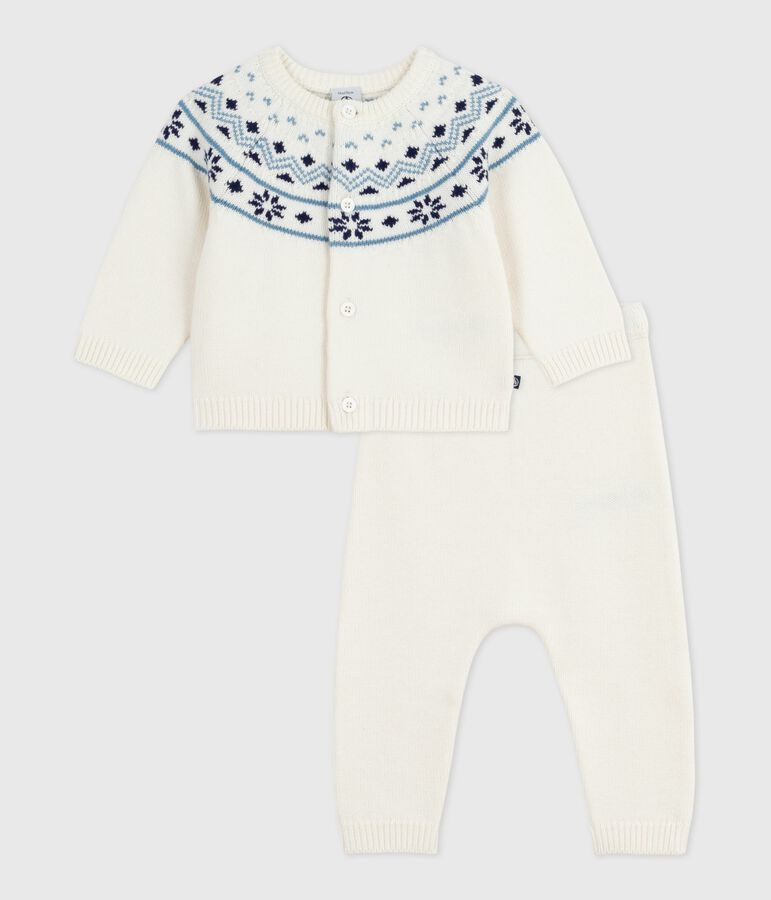 Ensemble 2 pi&egrave;ces b&eacute;b&eacute; cardigan jacquard en tricot blanc/bleu