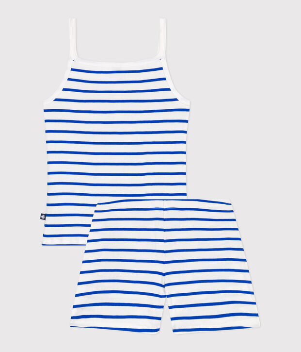 Korte, gestreepte damespyjama met bandjes van katoen wit/blauw