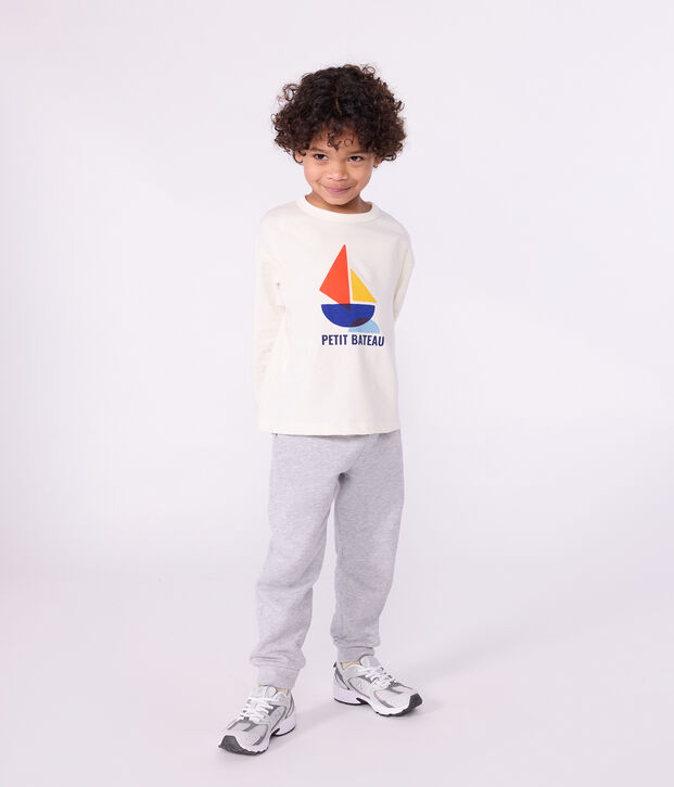 Tee-shirt enfant manches longues en coton imprim&eacute; blanc cass&eacute;