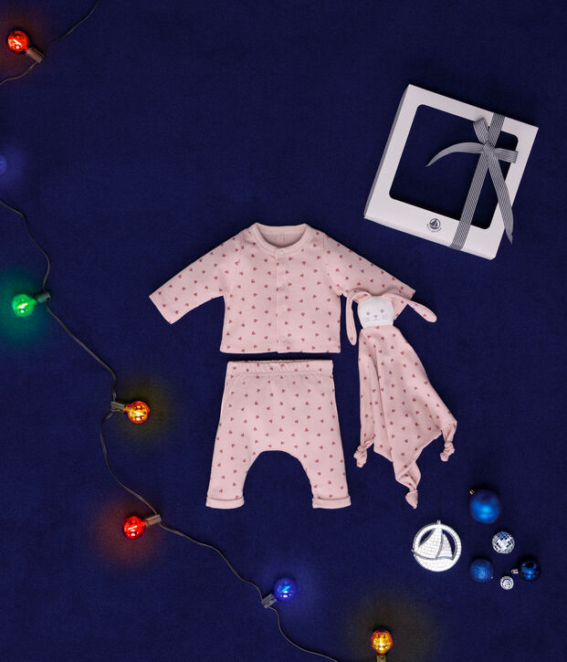 Ensemble coffret cardigan, pantalon et doudou en coton b&eacute;b&eacute; rose/rose