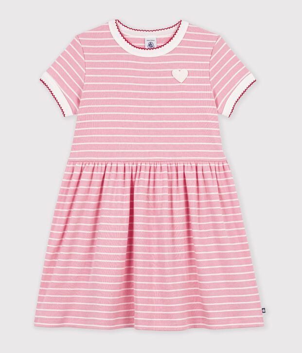 Robe enfant en coton manches courtes &agrave; rayures rose/blanc