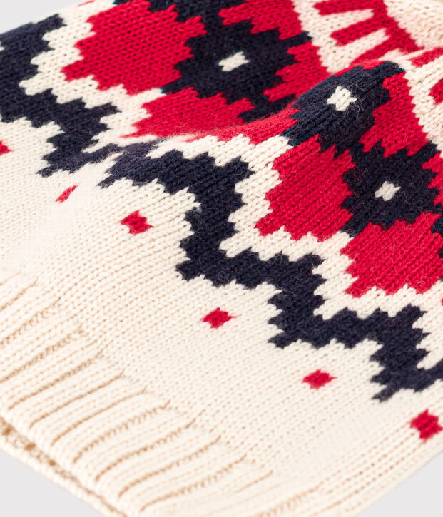 Wollen jacquard kindermuts, jongen-meisje ecru/multicouleur