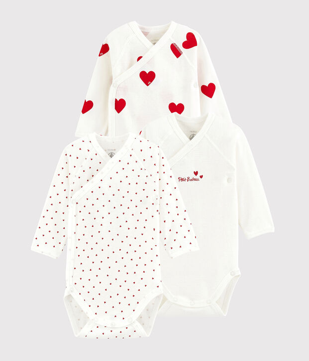 Lot de 3 bodies crois&eacute;s c&oelig;ur rouge manches longues b&eacute;b&eacute; en coton biologique multicouleur