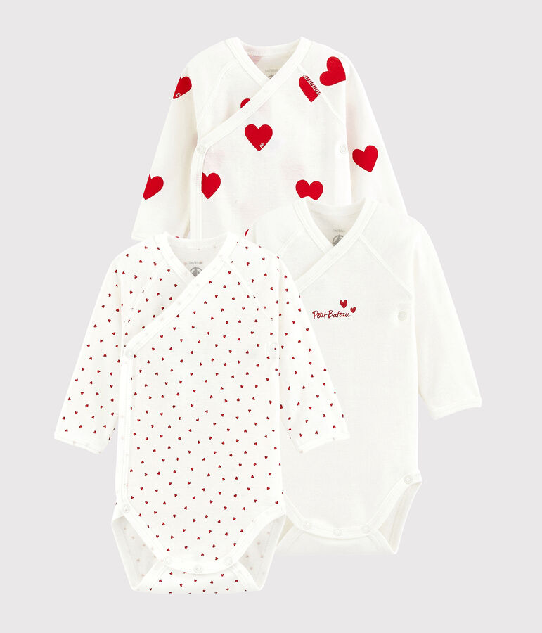 Lot de 3 bodies crois&eacute;s c&oelig;ur rouge manches longues b&eacute;b&eacute; en coton biologique multicouleur