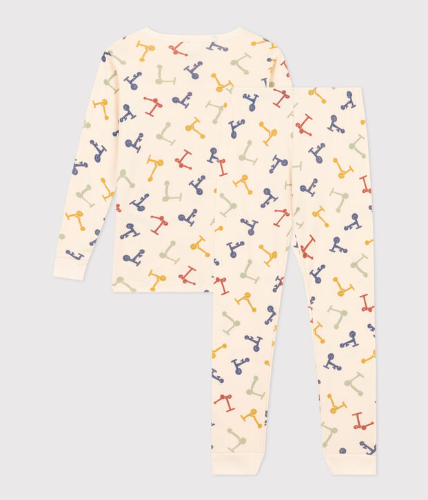 Aansluitende katoenen kinderpyjama met print van een stepje ecru/multicouleur