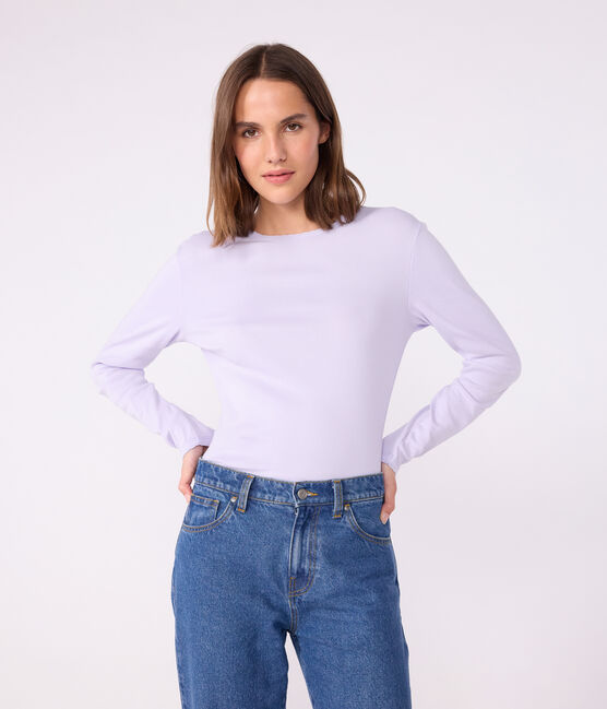 Katoenen dames-T-shirt met lange mouwen en kartelrandje - L'Iconique purper PARME