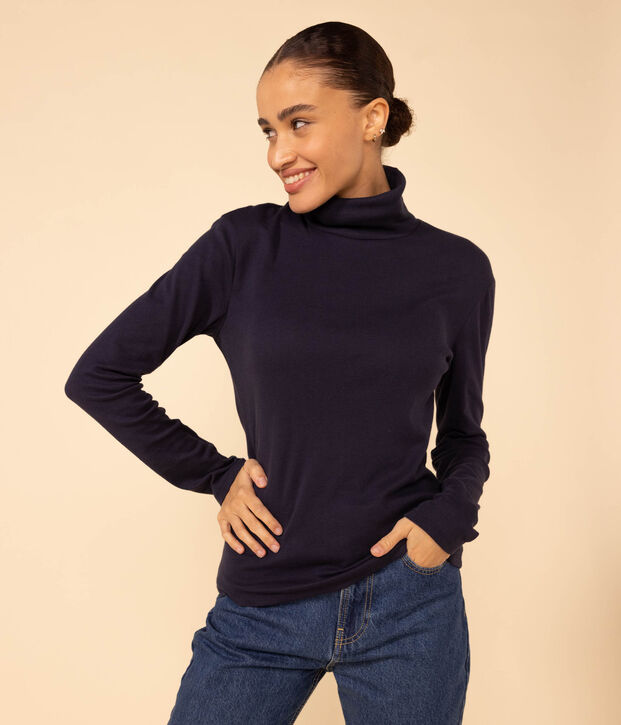 LE DROIT, katoenen T-shirt voor dames met rolkraag blauw