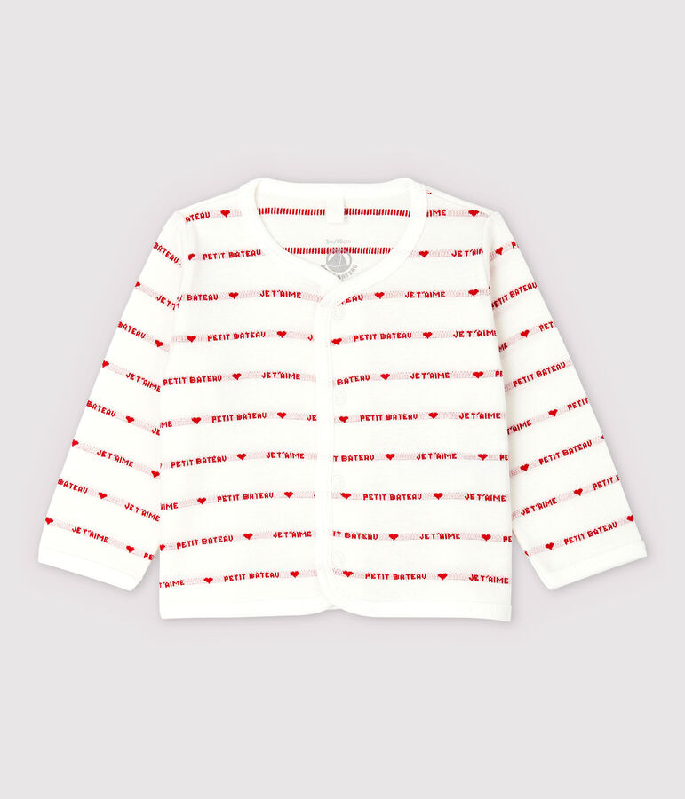 Cardigan Petit Bateau Je t'aime b&eacute;b&eacute; en jacquard en coton biologique blanc/rouge