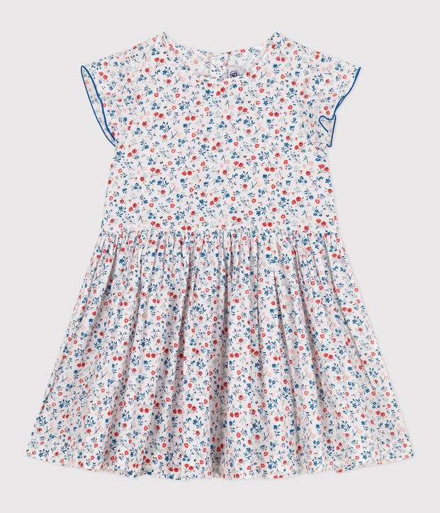 Robe enfant en coton manches courtes fleurie blanc/multicouleur