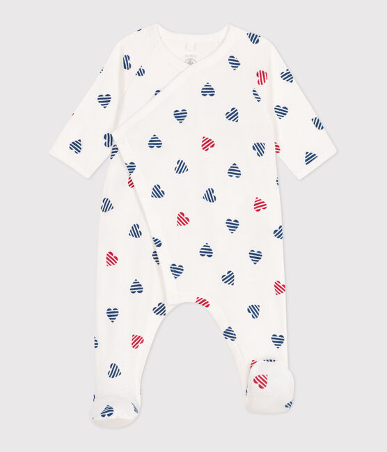 Katoenen babypyjama met gestreept hartje wit MARSHMALLOW/wit MULTICO
