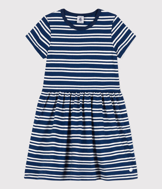 Robe rayée manches courtes en coton enfant fille bleu MEDIEVAL/blanc MARSHMALLOW