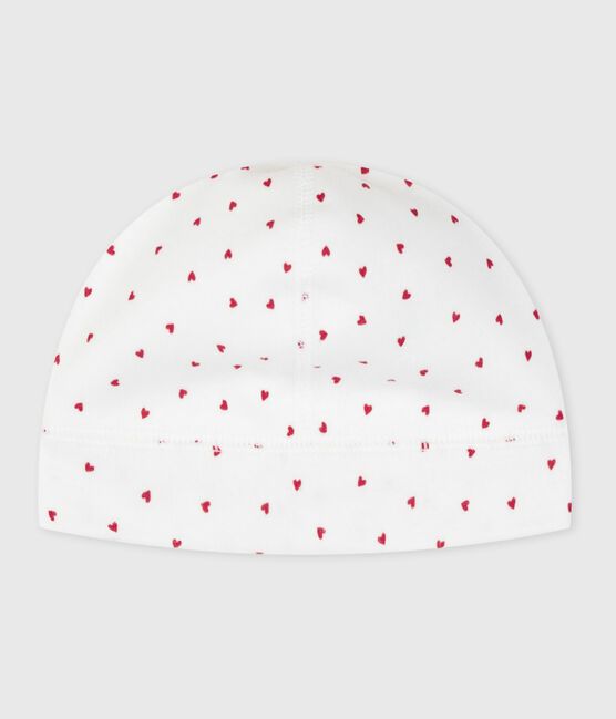 Geboortemutsje in katoen met hartjesprint wit MARSHMALLOW/rood TERKUIT