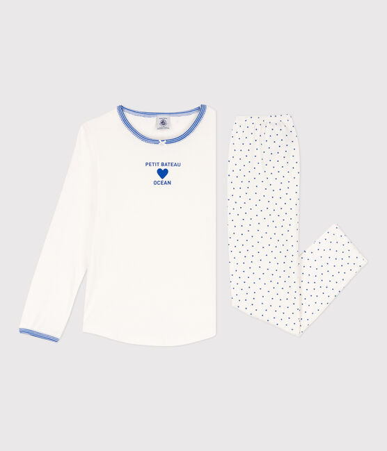 Katoenen meisjespyjama wit MARSHMALLOW/blauw PERSE