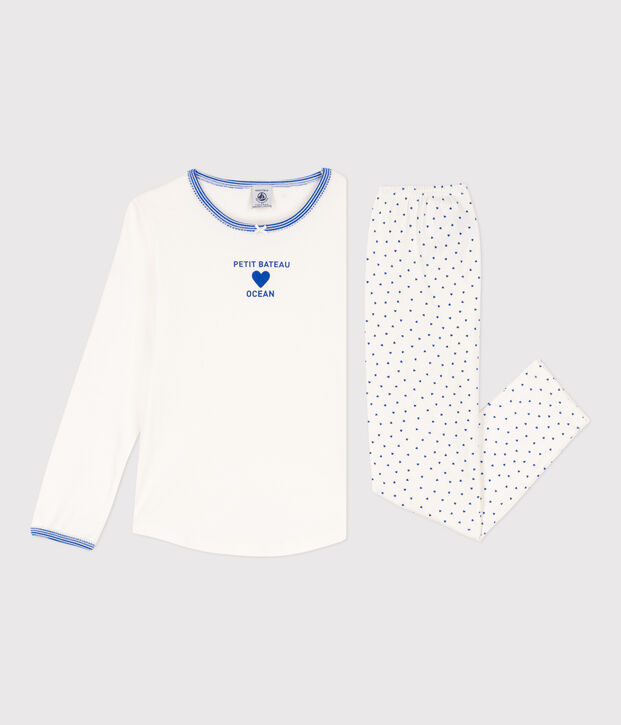 Katoenen meisjespyjama wit/blauw