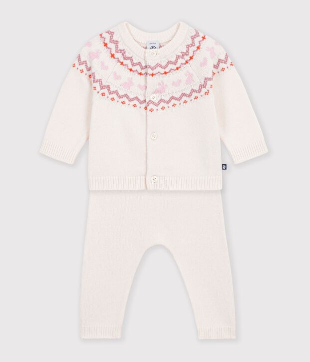 Gebreid babysetje met jacquardmotief. ecru/roze