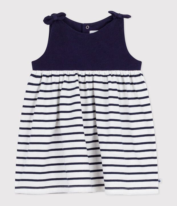 Katoenen babyjurkje zonder mouwen met strepen blauw/wit