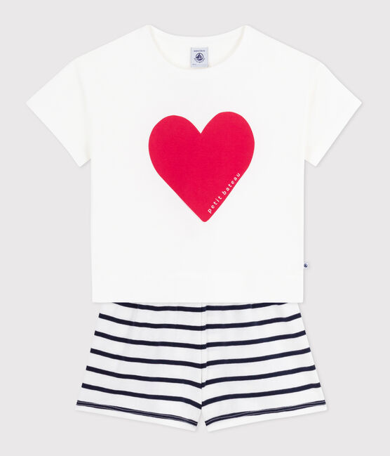Korte katoenen pyjama met hartjesprint voor kinderen wit MARSHMALLOW/blauw SMOKING