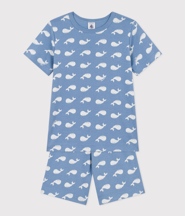 Korte katoenen pyjama met walvisprint voor kinderen blauw/wit