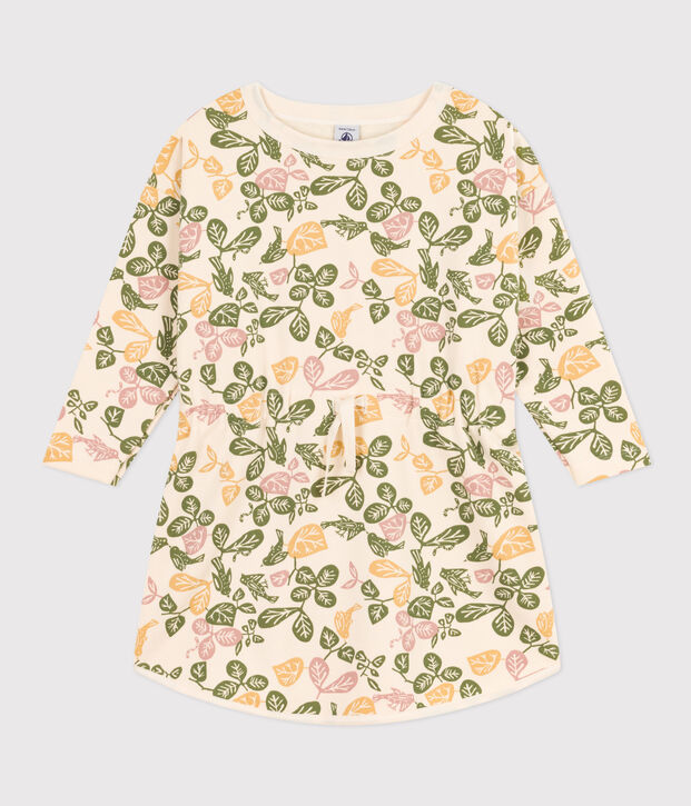 Meisjesjurk met lange mouwen in fleece met print ecru/roze/multicouleur